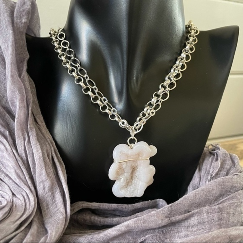 Handmade Dual Layered Natural Quartz & Chain Pendant Necklace 20” Minimalist